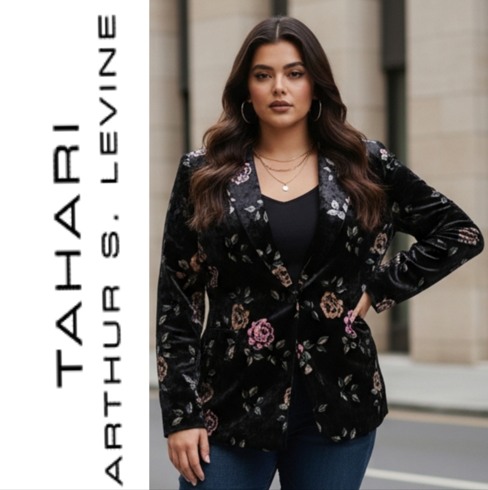 Tahari Arthur Levine Black Velvet Floral Blazer